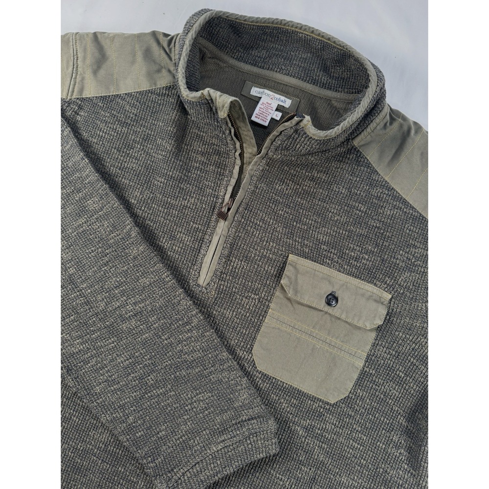 Carbon 2 Cobalt Lg 1/4 Zip Ribbed Knit Olive Pullover Padded Shoulder & Pocket